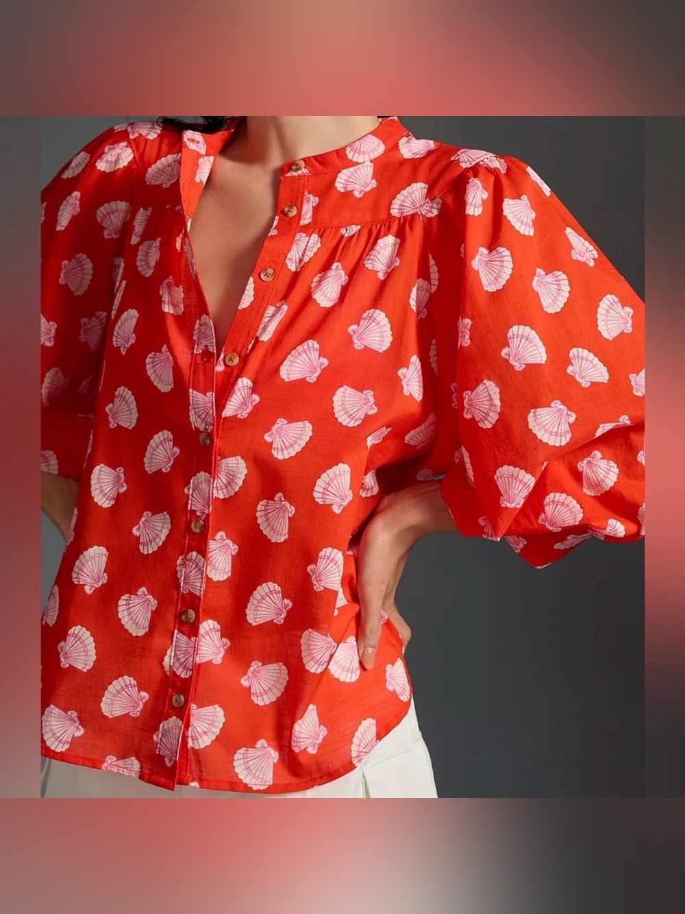 Maeve Anthropologie Red Orange Shell Print Blouse XS Cotton